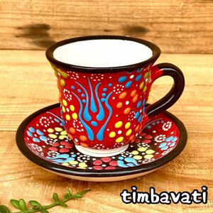 Art hand Auction ☆Nuevo☆Juego de vidrio chai de cerámica turca con asa *Rojo* Cerámica Kutahya hecha a mano [Envío gratuito bajo ciertas condiciones] 14702, utensilios de té, taza y plato, taza demitasse