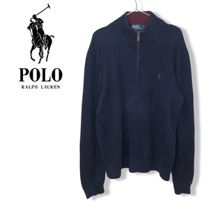 ★POLO RALPH LAUREN ポロ ラルフローレン★メンズ ハーフジップ ニット セーター コットン ネイビー ワンポイント刺繍 size L