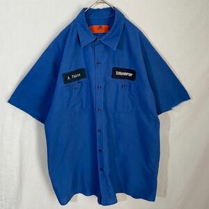 80's レッドキャップ　半袖　ワークシャツ　古着　Lサイズ　ブルー　企業ロゴ　バックロゴ　ヴィンテージ　REDKAP ワッペン