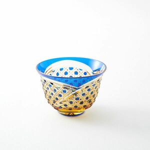 送料無料 江戸切子アンバークリスタル冷茶グラス（瑠璃）伝統工芸品 切子グラス（324）