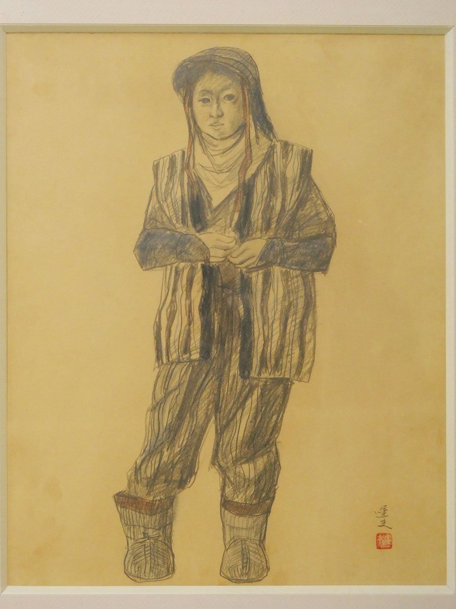 ♯ Japanese painter Uno Omori Obako Handwriting Pencil drawing Drawing Drawing Inscribed Signature Framed!! Sogakai member Navy Ribbon Award winning artist Beauty painting Portrait painting Female figure Painting, artwork, painting, pencil drawing, charcoal drawing