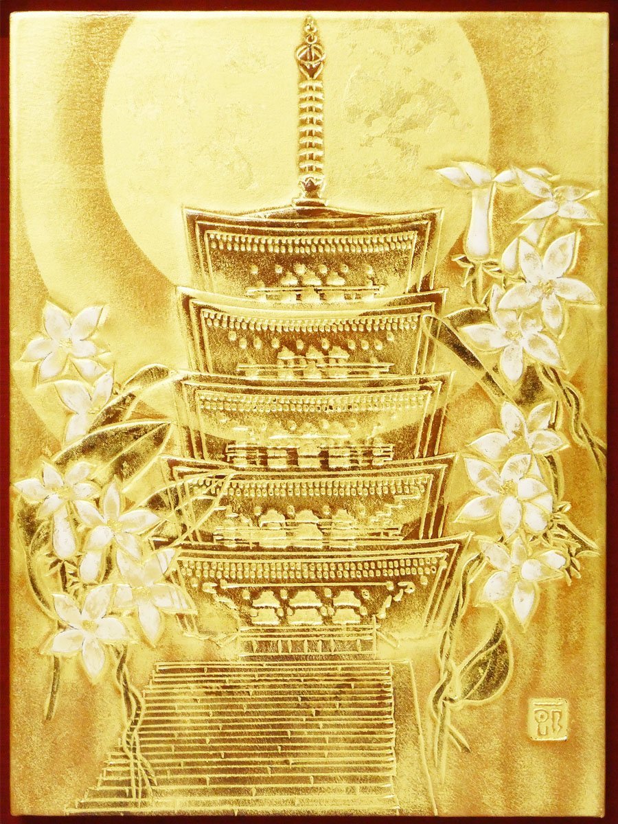 ♯ Nitten artist Ichiro Murai Leather engraving, gold leaf painting, The road to Murou Craft frame, Seal stamp, Comes with a tattoo box!! Leather craft artist Nitten special selection winner Many solo exhibitions Muroji Temple, Nara Flowers, artwork, painting, others