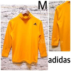 【未使用】アディダス ハイネック コンプレッション ワンポイント ロゴ 黄 M adidas スポーツウェア 厚手 ロング スリーブ シャツ