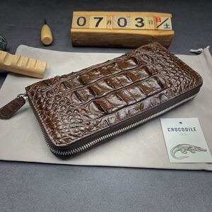【クロコダイル】 背革 ワニ革 長財布 ラウンドファスナー 本物保証 背革使用 小銭入れあり 背鰭 メンズ財布 一枚革 実物写真 茶色