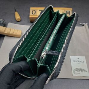 緑色内装【クロコダイル】 背革 ワニ革 長財布 ラウンドファスナー 本物保証 背革使用 小銭入れあり 背鰭 メンズ財布 一枚革 実物写真