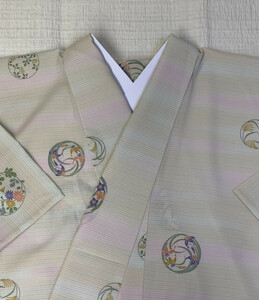 美品 未使用 夏着物 タグ付き 小紋 絽縮緬 さんび 洗える着物 化繊着物 kimono