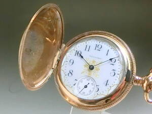 ★アンティーク Waltham ウォルサム★華やか金彩文字盤 フローラル調ケース★14k 14金(F) ★1900s 手巻き 懐中時計 動作品★