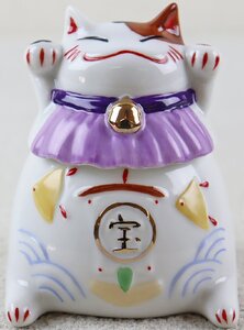 S◎中古品◎置物『猫舎道楽堂本舗 小物入れ』 両手招き猫 三毛猫 商売繁盛 本体のみ サイズ(約):W6.7×H8.5×D8.0cm ※箱欠品