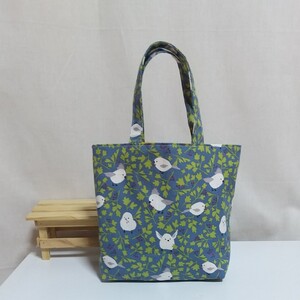 ハンドメイド【ハンドバッグ】シマエナガ/小鳥/木の実/葉っぱ/ミニバッグ/エコバッグ/サブバッグ