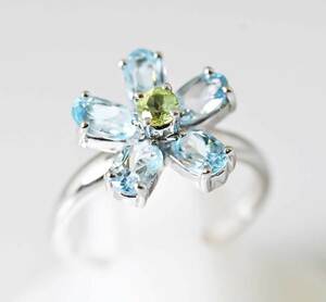 7681* Ponte Vecchio K18WG blue topaz peridot flower motif ring 12 number 