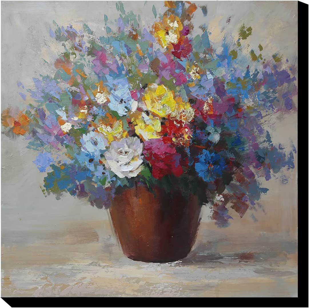 Pintado a mano Arte moderno pintado a mano Imagen interior Colgante de pared Panel de arte floral Florero Lienzo Pintura Lienzo Pintura de flores Marco de madera Arte Nuevo 30x30 cm, cuadro, pintura al óleo, pintura de naturaleza muerta