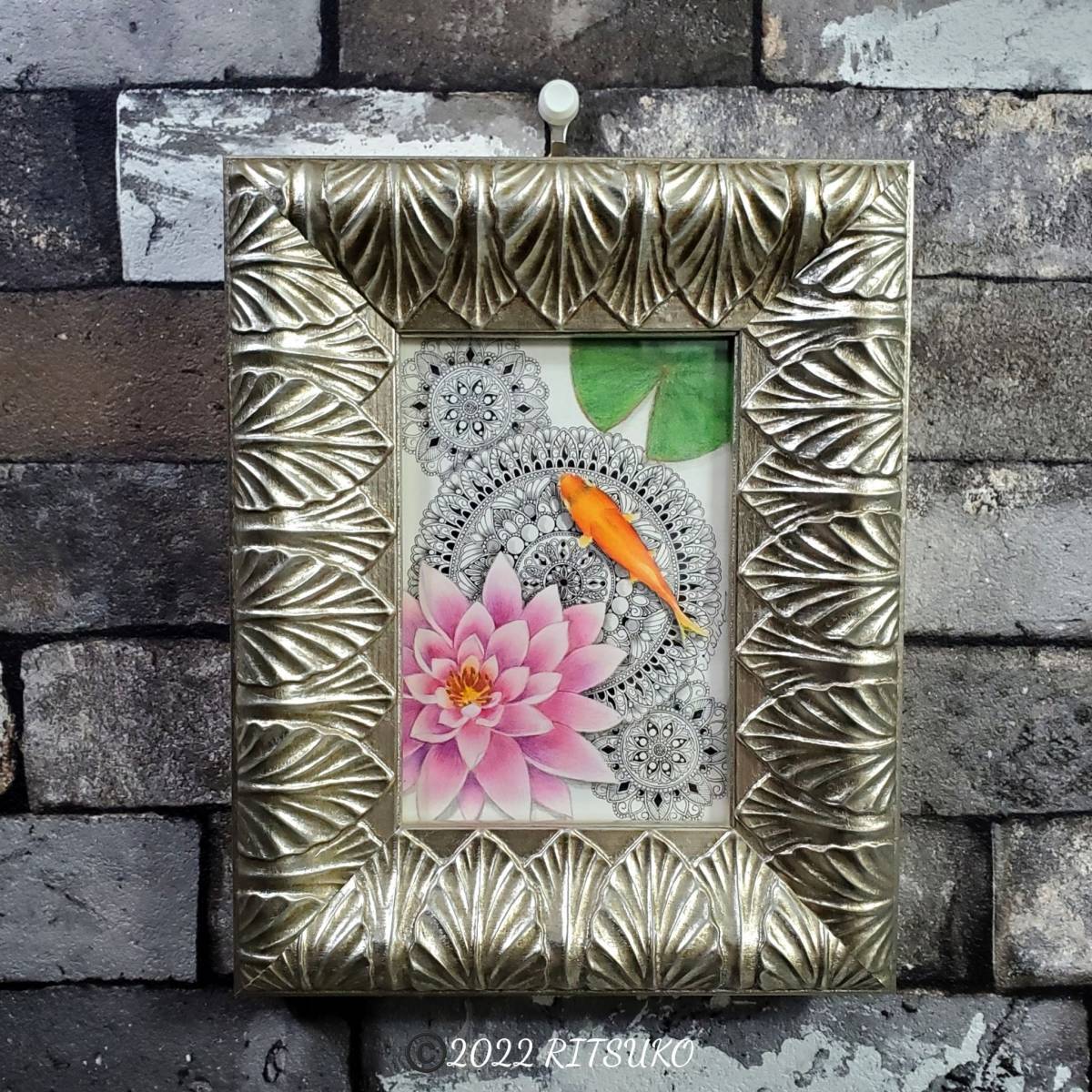 Original one-of-a-kind framed colored pencil drawing ballpoint pen drawing Japanese artist goldfish flower framed 18cm x 23cm Painting Art Interior Good luck Increase your luck, artwork, painting, others