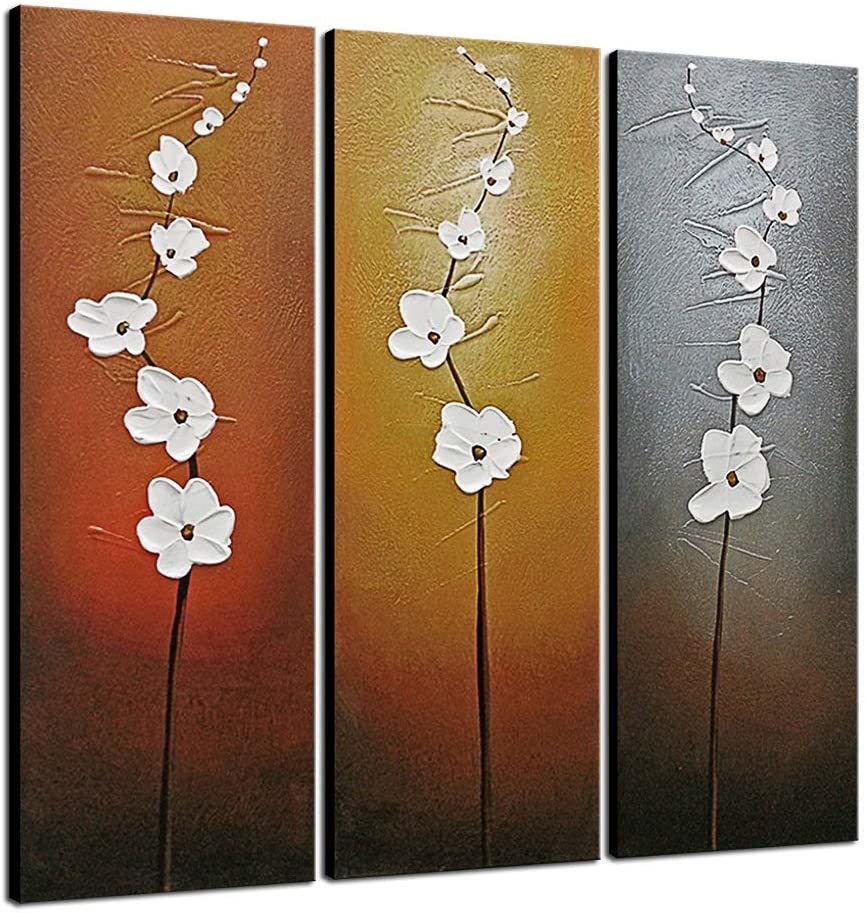 손으로 그린 현대 미술 인테리어 페인팅 벽걸이 꽃 아트 패널 캔버스 페인팅 흰색 꽃 나무 프레임 아트 새 25x75cm 3개 세트, 그림, 오일 페인팅, 정물