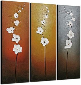 Art hand Auction 3er-Set handgemalte moderne Kunst Innenraumgemälde Wandbehang Blumenkunst Panel Leinwandgemälde weiße Blume Holzrahmen Kunst neu 25x75cm, Malerei, Ölgemälde, Stillleben