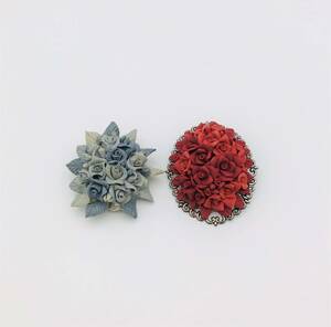 Art hand Auction (R4-0218) Set of 2 retro rose brooches, antique blue rose, handmade, one of a kind, Women's Accessories, brooch, others