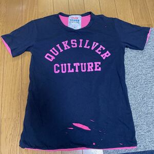 クイックシルバー カルチャー 半袖Tシャツ ネイビー × ピンク ダメージ加工 QUIK SILVER CULTURE