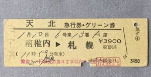 硬券 200 急行 天北 急行券・グリーン券 南稚内→札幌 南稚内駅発行 昭和56年 No.2031