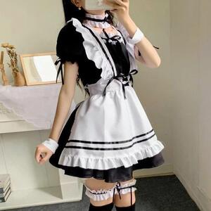 S メイド服 半袖 コスチューム コスプレ ウェイトレス 衣装 学園祭 ワンピース エプロン チョーカー カチューシャ モモ飾り バングル