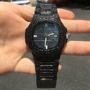 ZJM177 男女兼用 高品質 高級感 ブラック SS ダイヤモンド ブレスレット バングル 腕時計 ウォッチ カップル用18KGP新品 