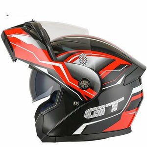 TZX514★フリップアップ ダブルレンズ バイク ヘルメット フルフェイスヘルメット ◆ サイズM~2XL選択可艶有り黒赤色