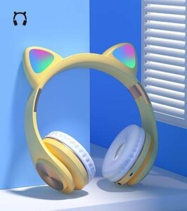 LHK33★ ヘッドセットブルートゥースイヤホン猫の耳が光る可愛いLED付き キラキラ高機能 密閉型　有線無線兼用 折畳式