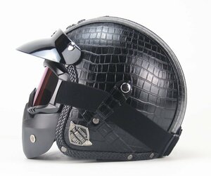 TZX598★新品 バイク ヘルメット 四季可用 PU レザー ハーレーヘルメット個性 半キャップ マスク付き色選択可 XLサイズ