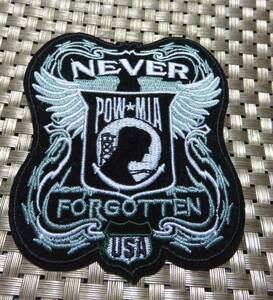 『標準』黒NEVER FORGOTTEN◆新品Pow Mia 　戦争捕虜　戦時行方不明者　刺繍ワッペン（パッチ）激シブ◇アメリカ　大型二輪車　オートバイ