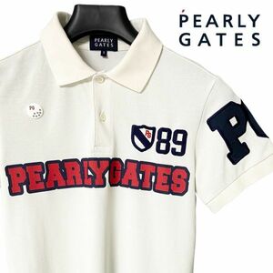 美品 最高級 PEARLY GATES ビッグロゴ 半袖 ポロシャツ 鹿の子 吸水速乾 ロゴ 刺繍 メンズ 3 白 ホワイト パーリーゲイツ ゴルフウェア 748