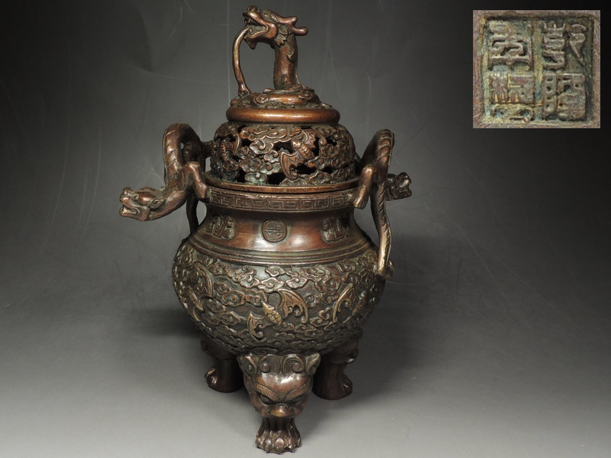 好評特価 ヤフオク! - 中国古玩・古銅・乾隆年製・獅子双耳・三足香炉