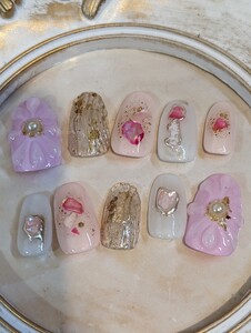 ピンクお花ネイル ネイルアート ネイルチップ 付け爪 ハンドメイド ミディアム