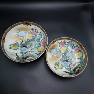 深鉢 大鉢 九谷焼 九谷 井出製 大小2客セット 直径24cm 27cm 菊 孔雀 鳥 花 絵皿 飾皿 大皿 飾り鉢 骨董品【100s606】