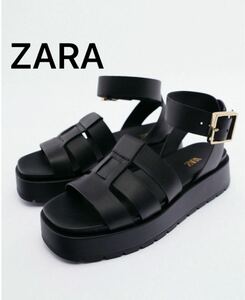 ZARA レザー サンダル グルカサンダル ブラック 25.3cm 39 本革 厚底 バックル コンフォート 新品 完売 ザラ 