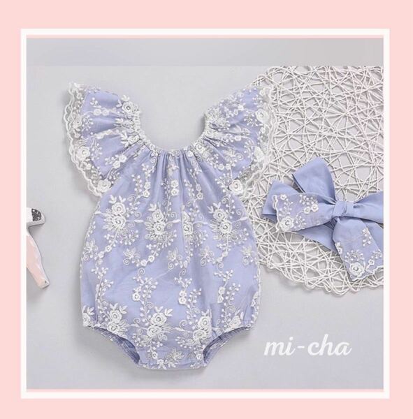 花柄刺繍ブルーレースロンパース 赤ちゃん ベビー服