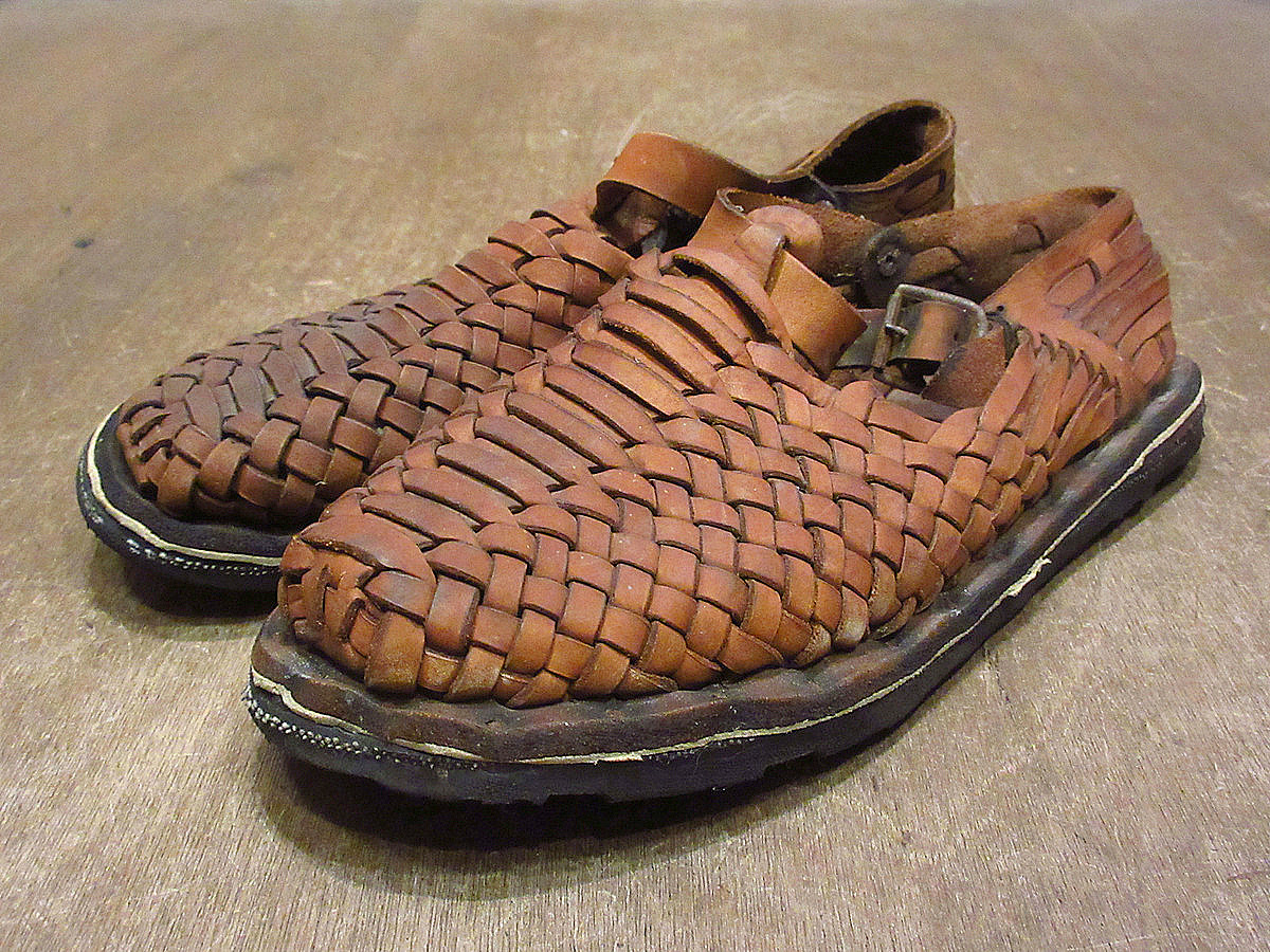 ビンテージ70's●レディースタイヤソール編み込みレザーサンダル茶●220713