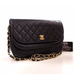 1円超美品☆シャネル☆ラムスキン マトラッセ Wフラップ チェーンショルダー 黒 G金具【CHANEL】