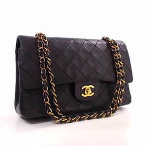1円美品☆シャネル☆ラムスキン マトラッセ 25cm Wフラップ チェーンショルダー 黒 G金具【CHANEL】
