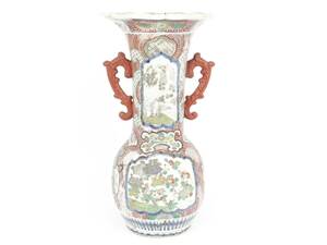 【蔵】伊万里 色絵 花器 花瓶 時代物 豪華 耳付大花瓶 飾壺 高さ47cm Y921