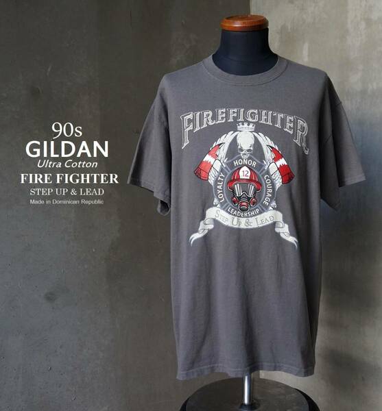 90s FIRE FIGHTER STEP&LEAD ギルダン GILDAN Ultra Cotton ボディ グレー 半袖Tシャツ L