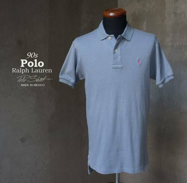 90s メキシコ製 ポロ Polo ラルフローレン Ralph Lauren サックス 半袖 ポロシャツ L polo 92 93