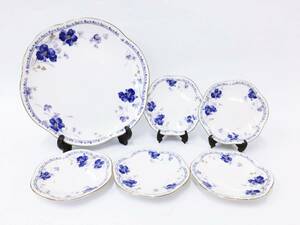 ホヤ 大皿 1枚 小皿 5枚 青藍 HOYA 陶器 保谷 プレート デザート皿 盛皿 洋食器 ケーキ皿 取皿 金彩 花柄