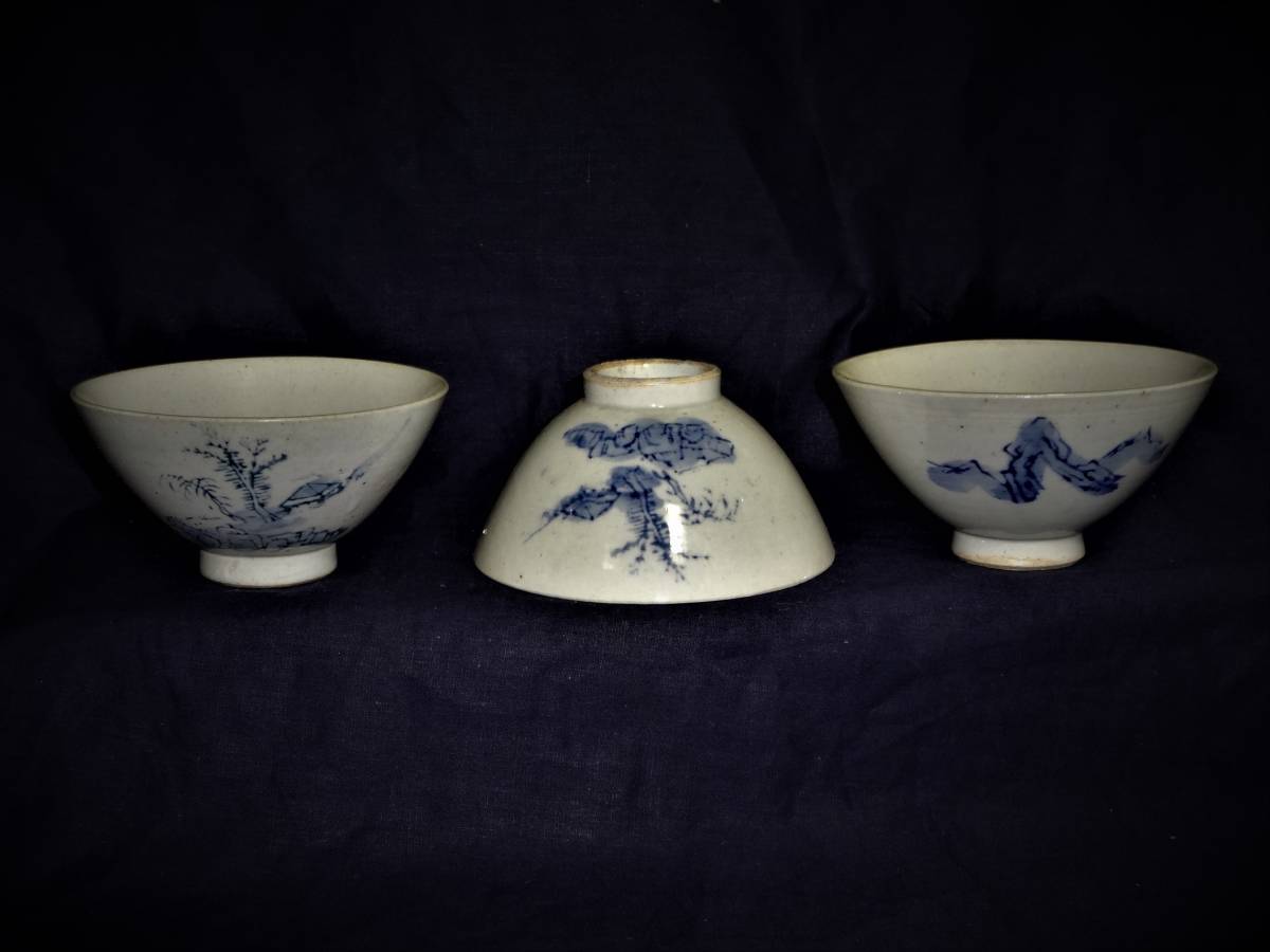 ⑥Tea bowl, hand-drawn pattern, 3 pieces, tableware, Japanese tableware, rice bowl