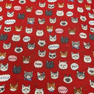 《生地》赤い生地に猫ちゃんいっぱい　生地幅×52 シーチング