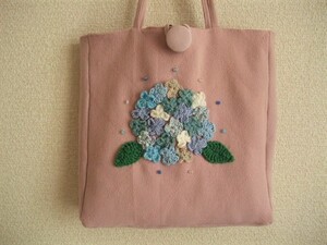 即決　ハンドメイド　紫陽花の四角型トートバック　ピンク　送料185円