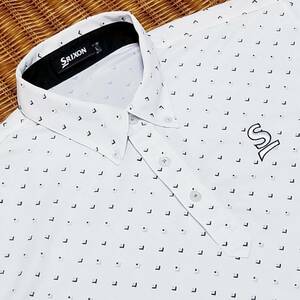 【極美品】◎ SRIXON スリクソン/ 半袖 ワンポイント刺繍ロゴ 総柄ボタンダウン ポロシャツ ゴルフウェア　SIZE： L　ホワイト