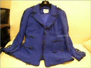 美品 シャネル * おリボンバイヤス リボンモチーフ 素敵デザインジャケット 青 42
