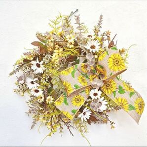 お値引き!ヒマワリリボンのリース 小花 造花