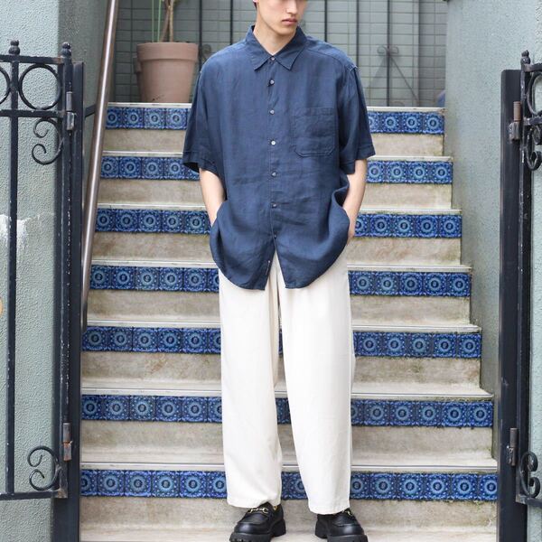 USA VINTAGE HALF SLEEVE NAVY LINEN SHIRT/アメリカ古着半袖ネイビーリネンシャツ