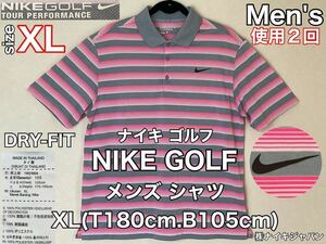 超美品★NIKE GOLF(ナイキ ゴルフ)メンズ シャツ XL(T180cm.B105cm)使用2回 グレー ピンク 半袖 DRY FIT スポーツ アウトドア キャンプ