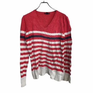 TOMMYHILFIGER セーター レディースL ピンク トミーヒルフィガー ボーダー ワンポイント ロゴ Vネック 古着卸 アメリカ仕入 t2109-4058