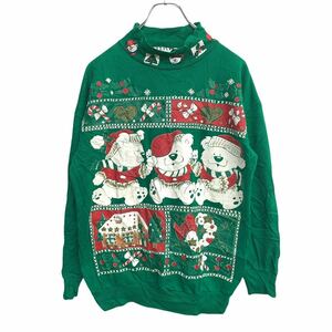 N.Y.K.W. sweat sweatshirt lady's S~M size about Christmas pattern green old clothes . America buying up t2203-3268